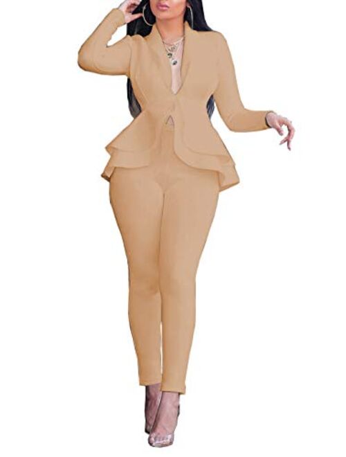 Aro Lora Women's 2 Piece Outfit Casual Solid Open Front Blazer and Pencil Pant Suits Set