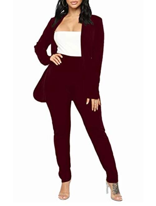 Aro Lora Women's 2 Piece Outfit Casual Solid Open Front Blazer and Pencil Pant Suits Set