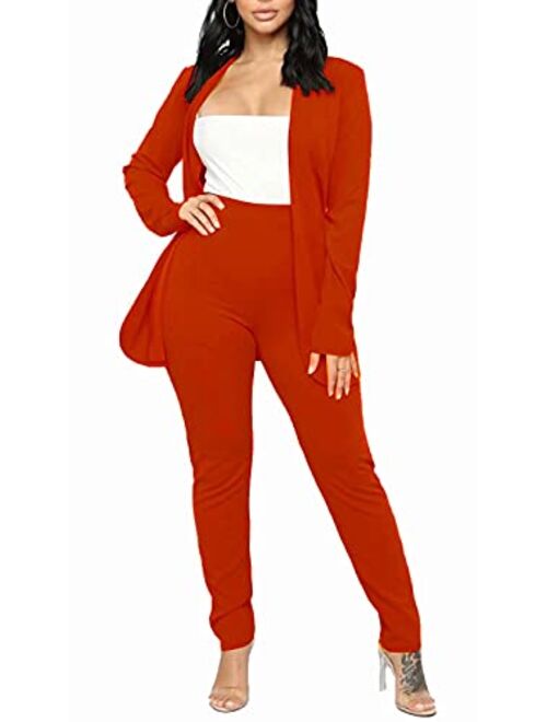 Aro Lora Women's 2 Piece Outfit Casual Solid Open Front Blazer and Pencil Pant Suits Set