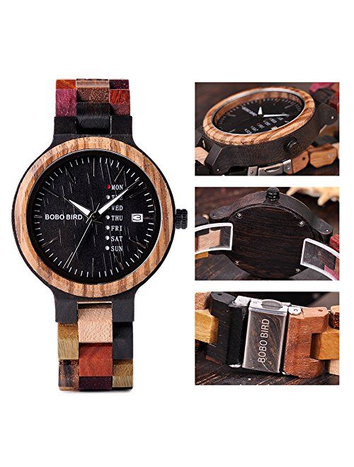 BOBO BIRD Women Wood Watches Colorful Wood WristWatches Week & Date Display Multifunction Handmade Quartz Watch Sport Chronograph Unique Wristwatch