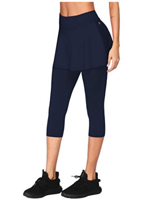 COOrun Women's Skirted Leggings Capris Quick-Dry Tenis Skort with Pockets Yoga Cropped Pants