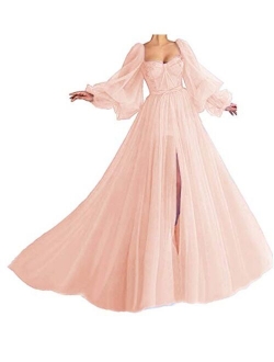 Tianzhihe Tulle Puffy Sleeve Prom Dress with Split Sweetheart Long Evening Party Formal Gown