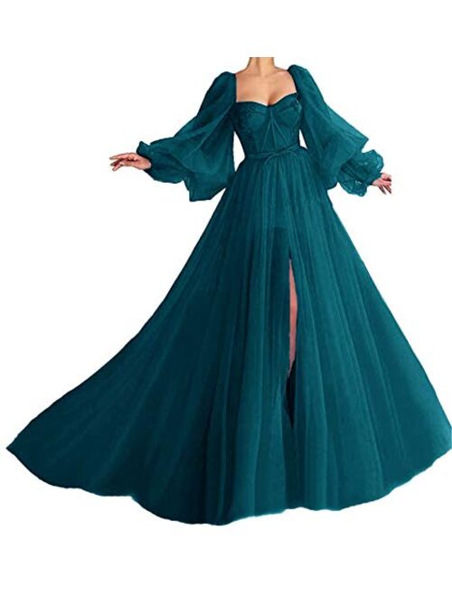 Tianzhihe Tulle Puffy Sleeve Prom Dress with Split Sweetheart Long Evening Party Formal Gown