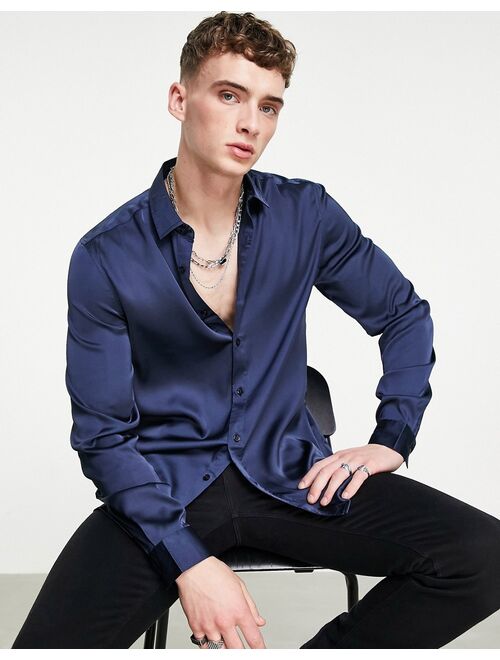 Asos Design satin long sleeve spread collar shirt in navy