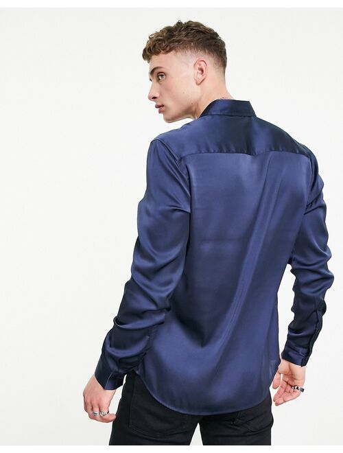 Asos Design satin long sleeve spread collar shirt in navy