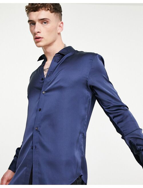 Asos Design satin long sleeve spread collar shirt in navy