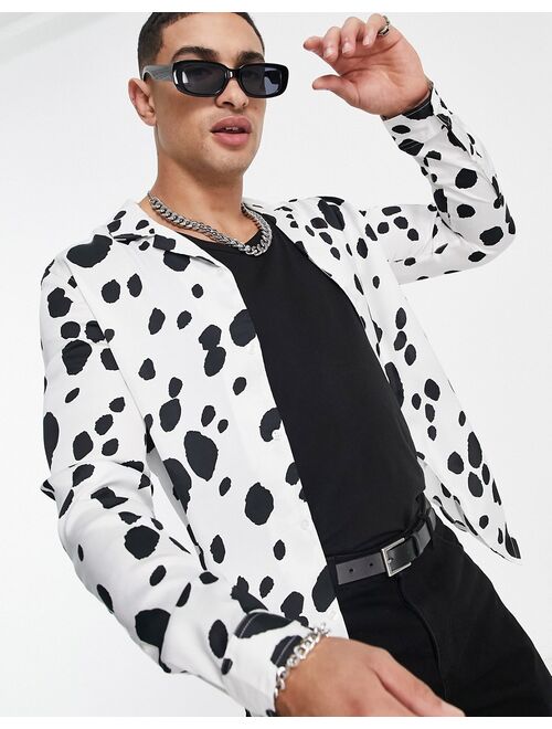 Asos Design revere satin shirt in mono animal print