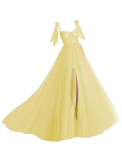 Spaghetti Straps Tulle Prom Dress Long Split Sweetheart Puffy Ball Gown A Line Formal Evening Party Gowns