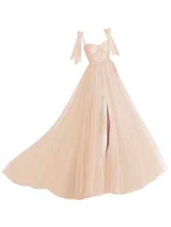 Spaghetti Straps Tulle Prom Dress Long Split Sweetheart Puffy Ball Gown A Line Formal Evening Party Gowns