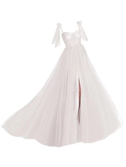 Spaghetti Straps Tulle Prom Dress Long Split Sweetheart Puffy Ball Gown A Line Formal Evening Party Gowns