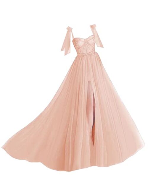 Marsen Spaghetti Straps Tulle Prom Dress Long Split Sweetheart Puffy Ball Gown A Line Formal Evening Party Gowns