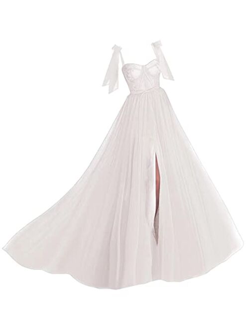 Marsen Spaghetti Straps Tulle Prom Dress Long Split Sweetheart Puffy Ball Gown A Line Formal Evening Party Gowns