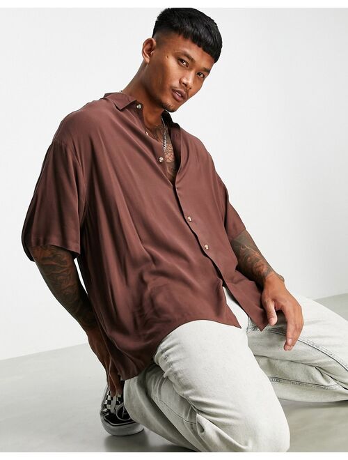 Asos Design boxy oversized viscose shirt in brown