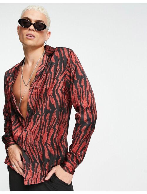 Asos Design shirt with deep revere in satin tiger print