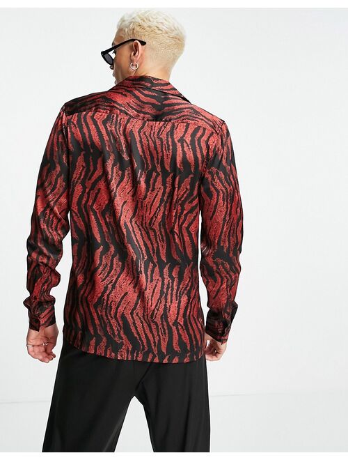 Asos Design shirt with deep revere in satin tiger print