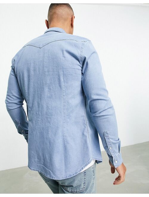 Asos Design skinny fit western denim shirt in light wash blue