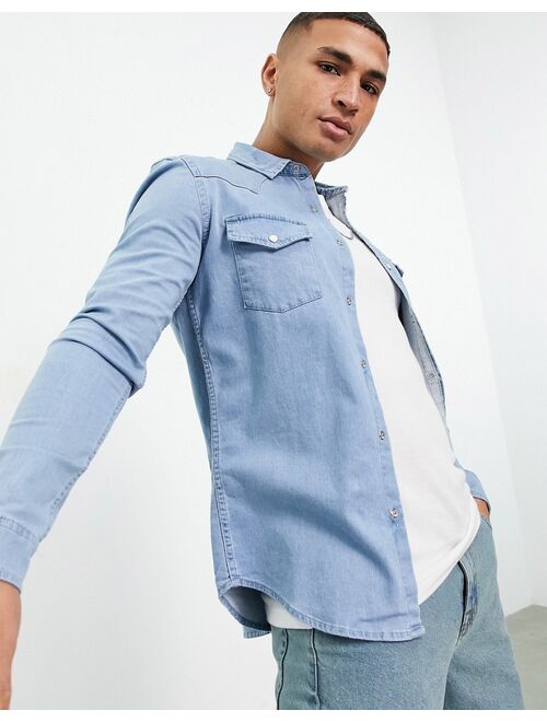 Asos Design skinny fit western denim shirt in light wash blue