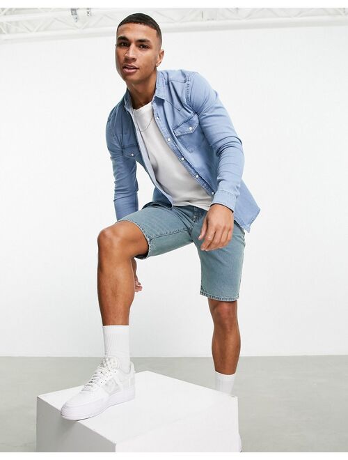 Asos Design skinny fit western denim shirt in light wash blue