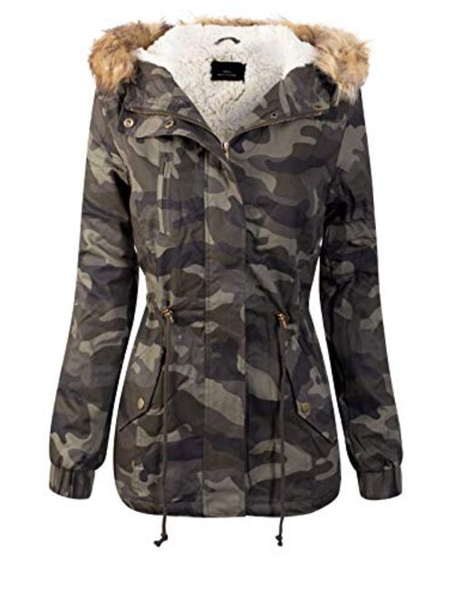 MixMatchy Women's Winter Faux Fur Lined Front Zip Up Camo Short Coat Jacket