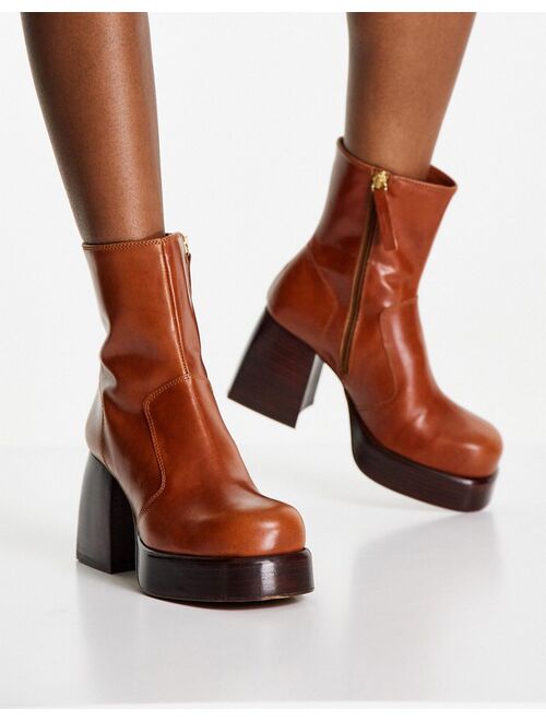 Buy Asos Design Rowan Premium Leather Platform Heeled Boots In Tan Online Topofstyle 0802