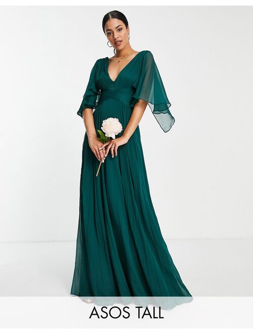 Asos Design Tall Bridesmaid ruched bodice drape maxi dress with wrap waist in forest green