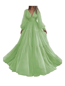 Long Puffy Sleeve Prom Dress Tulle V Neck Ball Gowns for Women A Line Formal Dress Evening Gown