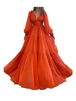 Long Puffy Sleeve Prom Dress Tulle V Neck Ball Gowns for Women A Line Formal Dress Evening Gown