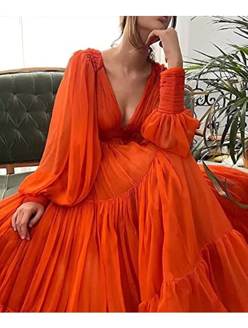 Marsen Long Puffy Sleeve Prom Dress Tulle V Neck Ball Gowns for Women A Line Formal Dress Evening Gown