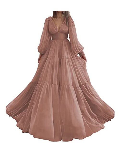 Marsen Long Puffy Sleeve Prom Dress Tulle V Neck Ball Gowns for Women A Line Formal Dress Evening Gown