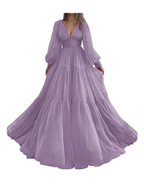 Marsen Long Puffy Sleeve Prom Dress Tulle V Neck Ball Gowns for Women A Line Formal Dress Evening Gown