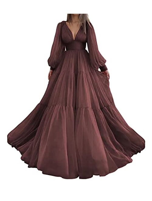 Marsen Long Puffy Sleeve Prom Dress Tulle V Neck Ball Gowns for Women A Line Formal Dress Evening Gown