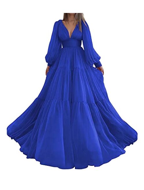 Marsen Long Puffy Sleeve Prom Dress Tulle V Neck Ball Gowns for Women A Line Formal Dress Evening Gown