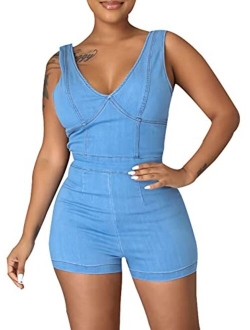 Sxclub Sexy Denim Jumpsuit for Women Casual Long Sleeve Jean Pants Rompers with Zipper Pockets