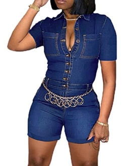 Sxclub Sexy Denim Jumpsuit for Women Casual Long Sleeve Jean Pants Rompers with Zipper Pockets