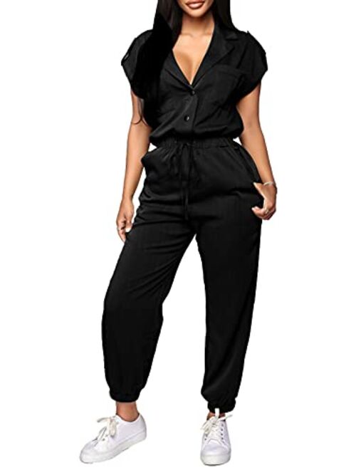 Sxclub Sexy Denim Jumpsuit for Women Casual Long Sleeve Jean Pants Rompers with Zipper Pockets