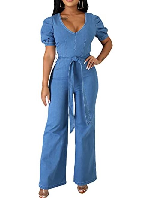 Sxclub Sexy Denim Jumpsuit for Women Casual Long Sleeve Jean Pants Rompers with Zipper Pockets