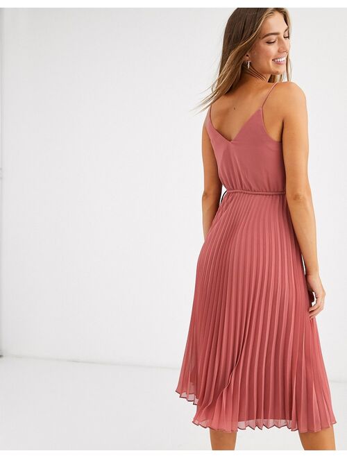 Asos Design pleated cami midi dress with drawstring waist in dark pink