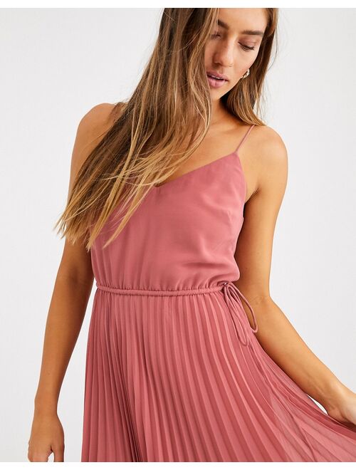 Asos Design pleated cami midi dress with drawstring waist in dark pink