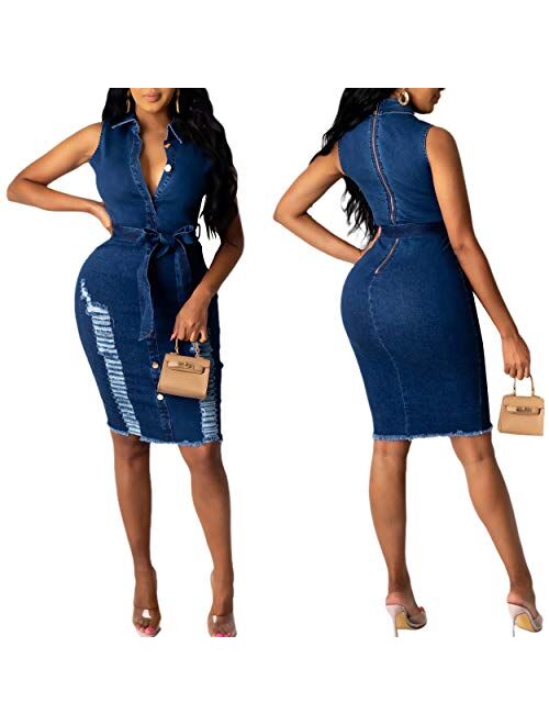 Sxclub Denim Dresses for Women Elegant Sexy Short Sleeve Jean Dress Party with Zipper Belt