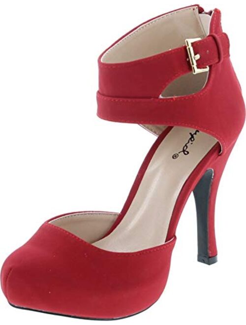 Qupid Trench-244 Women's Round Toe High Heel Zip Closure Buckle Ankle Straps Nubuck Shoes