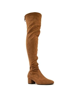 Sign Boots for Women - Faux Suede Thigh High Zip-Up Chunky Heeled Boot