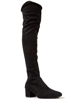 Sign Boots for Women - Faux Suede Thigh High Zip-Up Chunky Heeled Boot