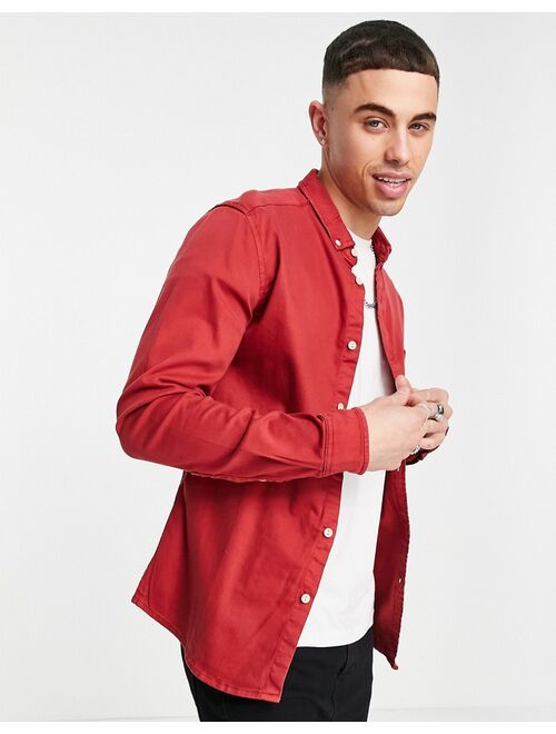 Asos Design slim fit long sleeve denim shirt in red