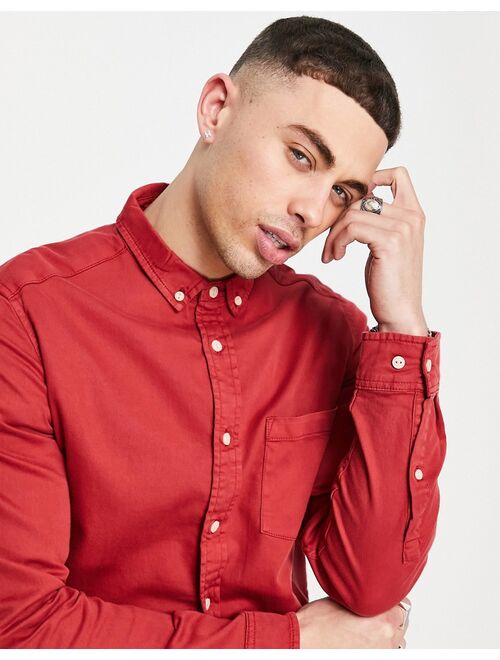 Asos Design slim fit long sleeve denim shirt in red