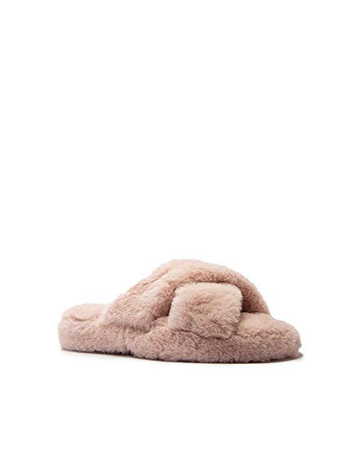 Qupid Cari House Slippers for Women - Faux Fur Cross Band Fluffy Indoor Slipper