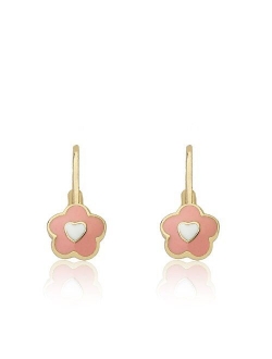 Kids Earrings - 14k Gold Plated Flowers With Heart in Center Leverback Earrings - Hypoallergenic and Nickel Free for Sensitive Ears