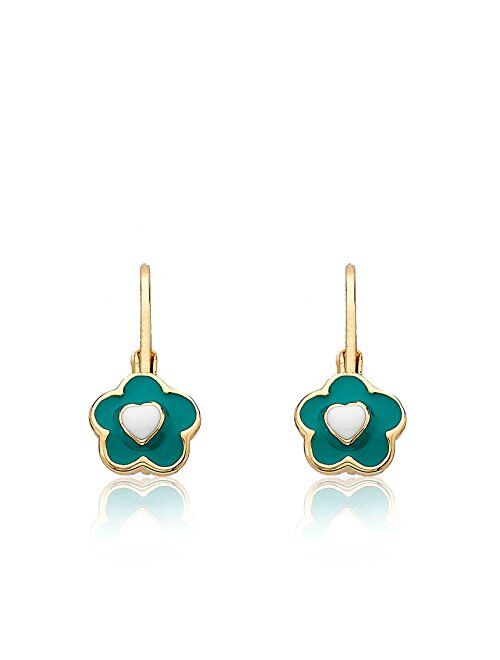 Little Miss Twin Stars Kids Earrings - 14k Gold Plated Flowers With Heart in Center Leverback Earrings - Hypoallergenic and Nickel Free for Sensitive Ears