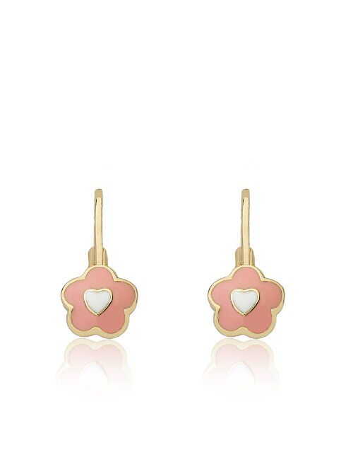 Little Miss Twin Stars Kids Earrings - 14k Gold Plated Flowers With Heart in Center Leverback Earrings - Hypoallergenic and Nickel Free for Sensitive Ears