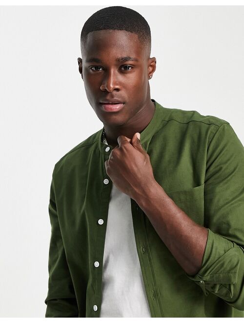 Asos Design slim oxford shirt with grandad collar in dark khaki