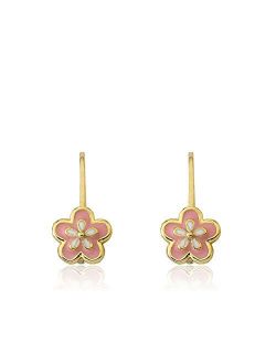 Girls Earrings - 14k Gold Pink Enamel Flower Leverback Earring - Hypoallergenic and Nickel Free for Sensitive Ears